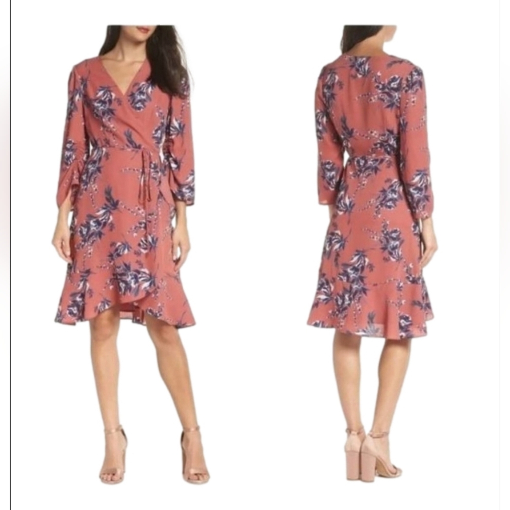 CHARLES HENRY NUDE ROSE FLORAL WRAP DRESS